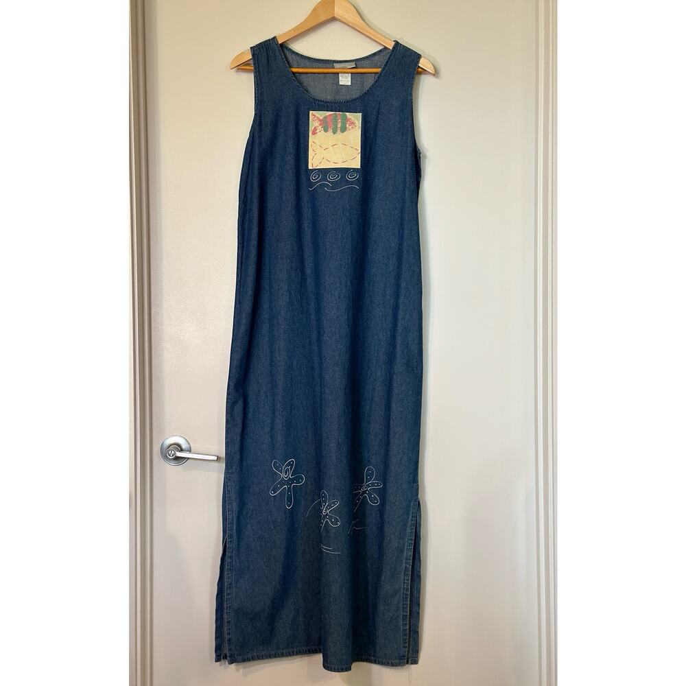 Donna Renee Size Small Vintage 90s Maxi Demin Dress Cottagecore Fish Ocean Print